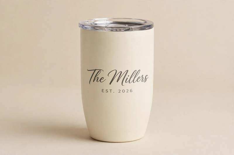 Cream tumbler laser-etched with family name and established date