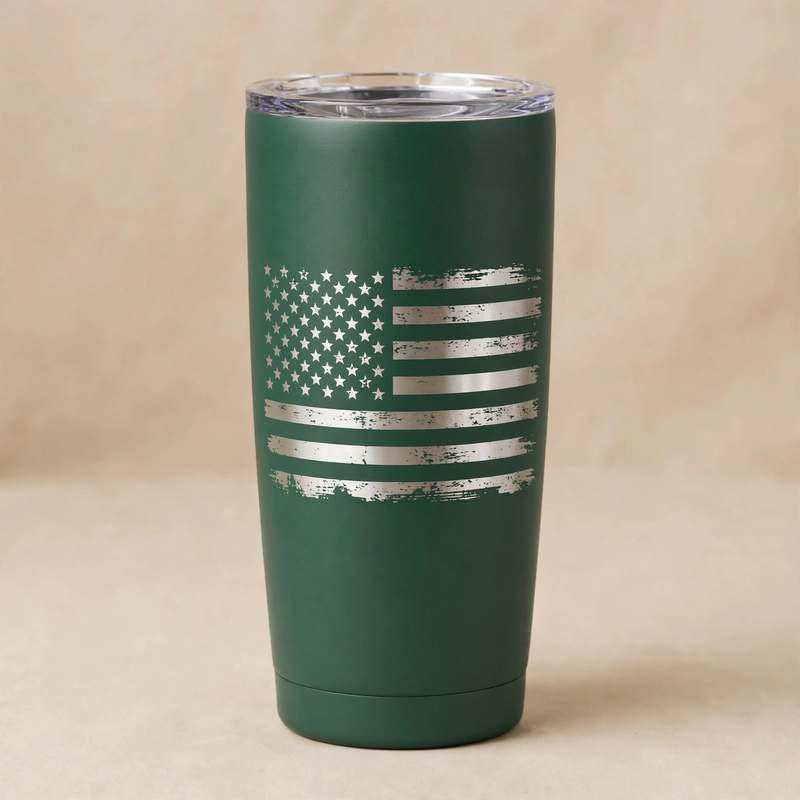 Forest green tumbler laser-etched with distressed American flag