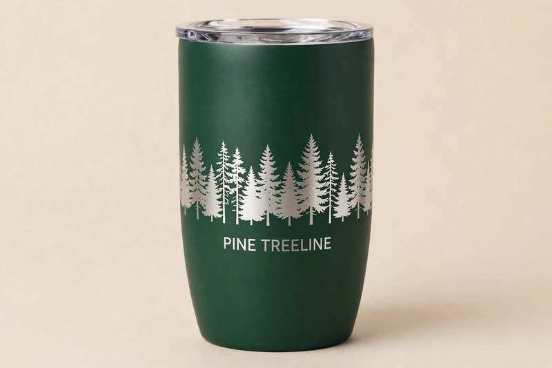 Forest green tumbler laser-etched with pine treeline design