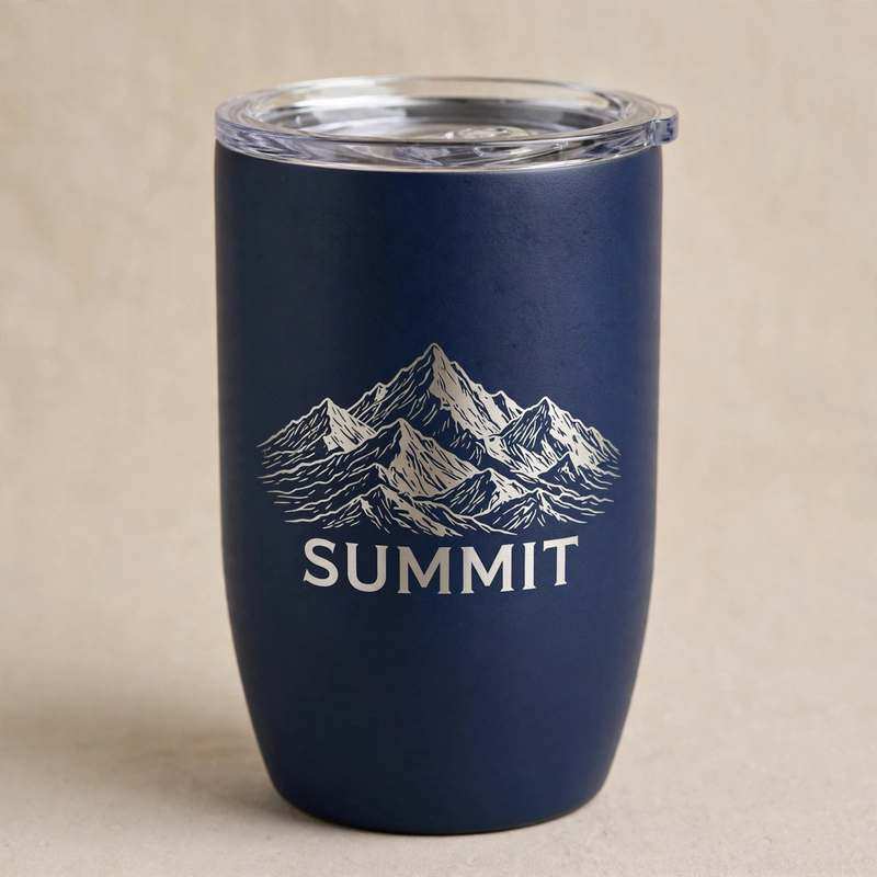 Navy tumbler laser-etched with mountain summit design