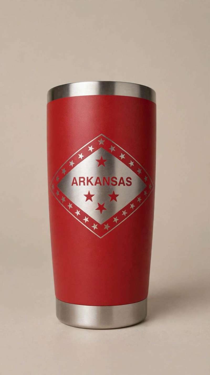 Red tumbler laser-etched with the Arkansas state flag