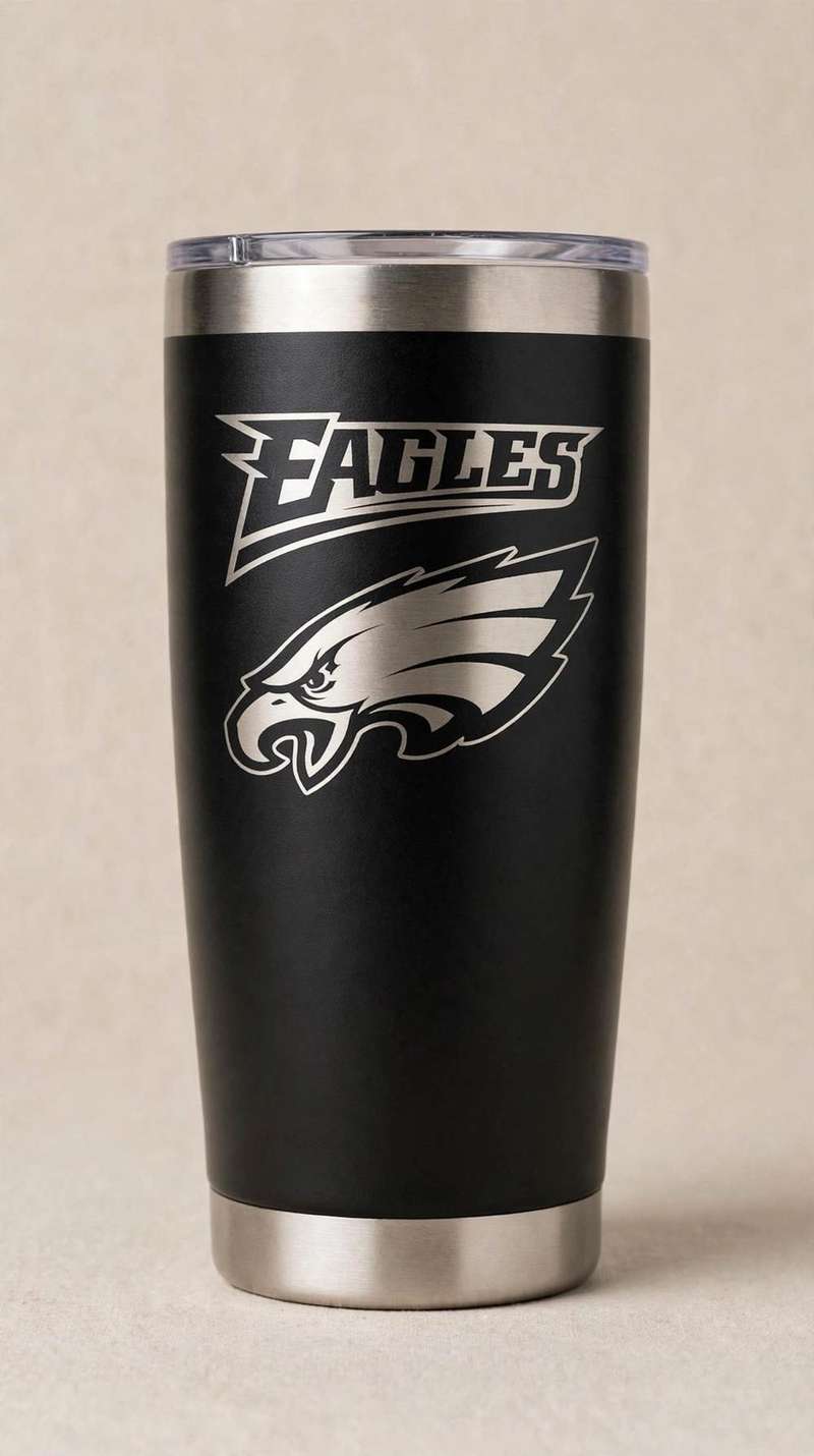 Black tumbler laser-etched with Eagles logo