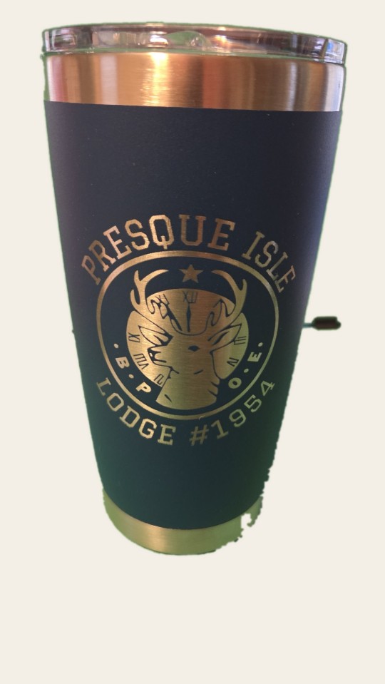 Black tumbler laser-etched with the Presque Isle Elks Lodge #1954 emblem in gold