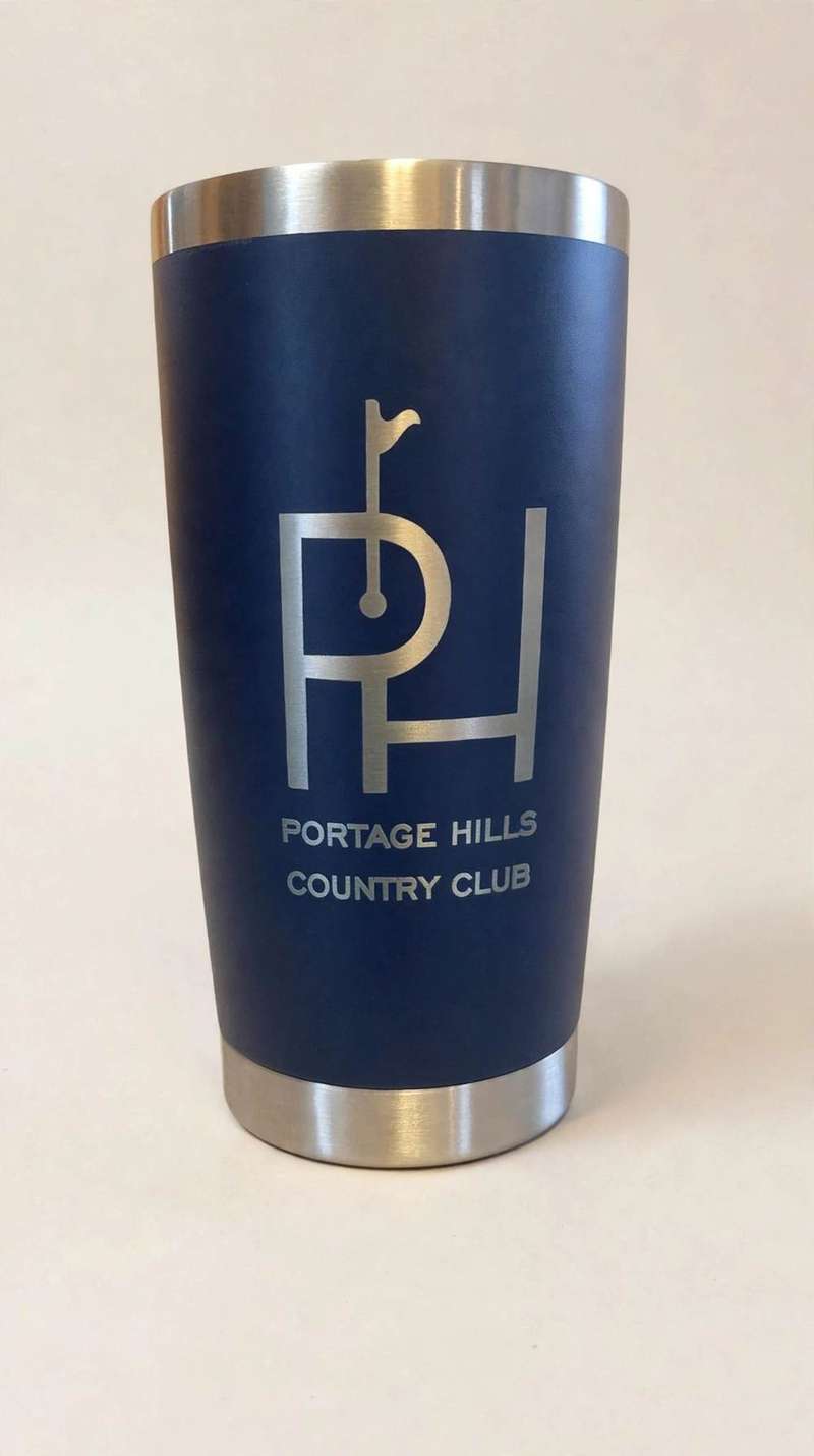 Navy tumbler laser-etched with Portage Hills Country Club logo