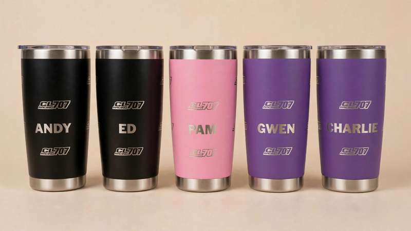 Five tumblers etched with CL707 Racing logo and team names
