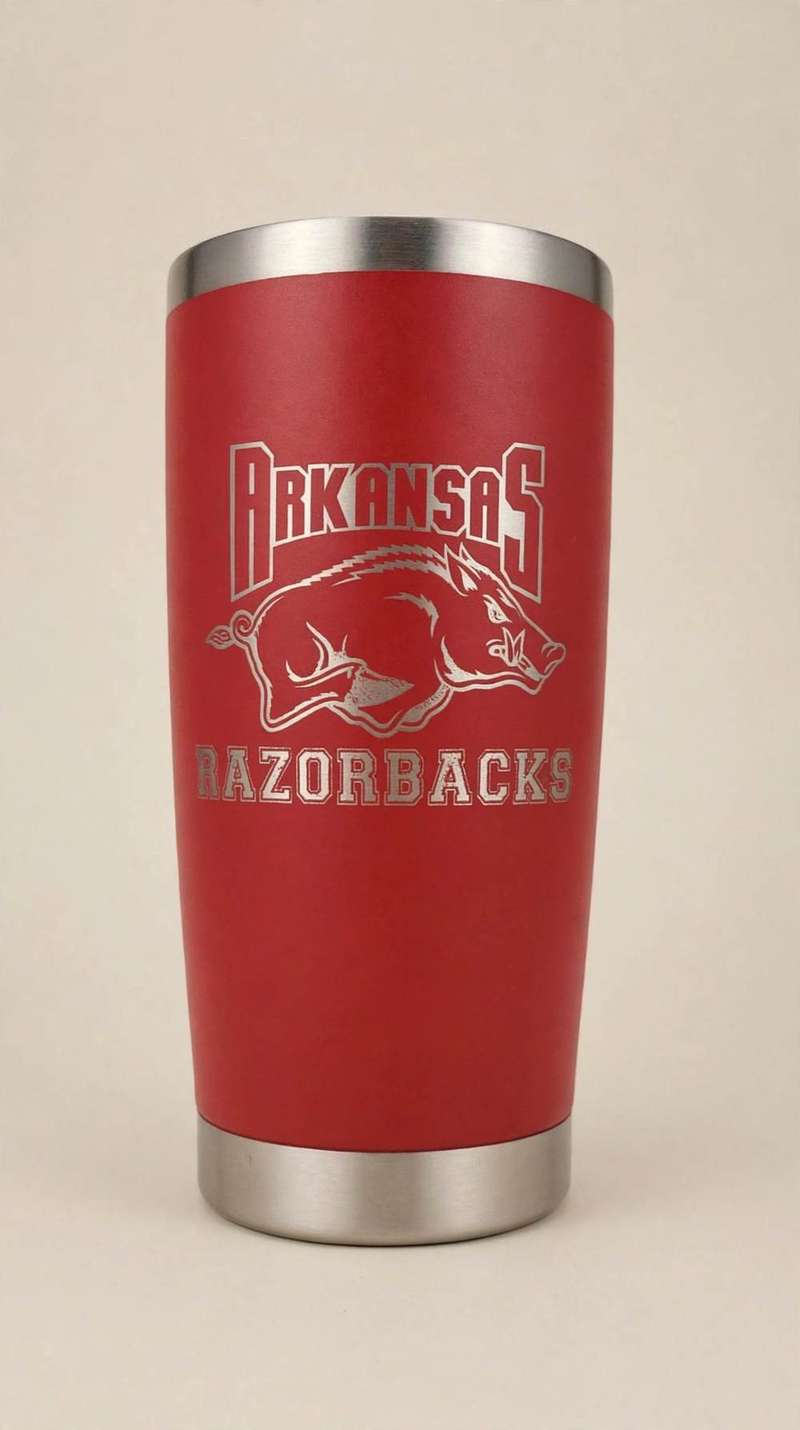 Red tumbler laser-etched with Arkansas Razorbacks logo