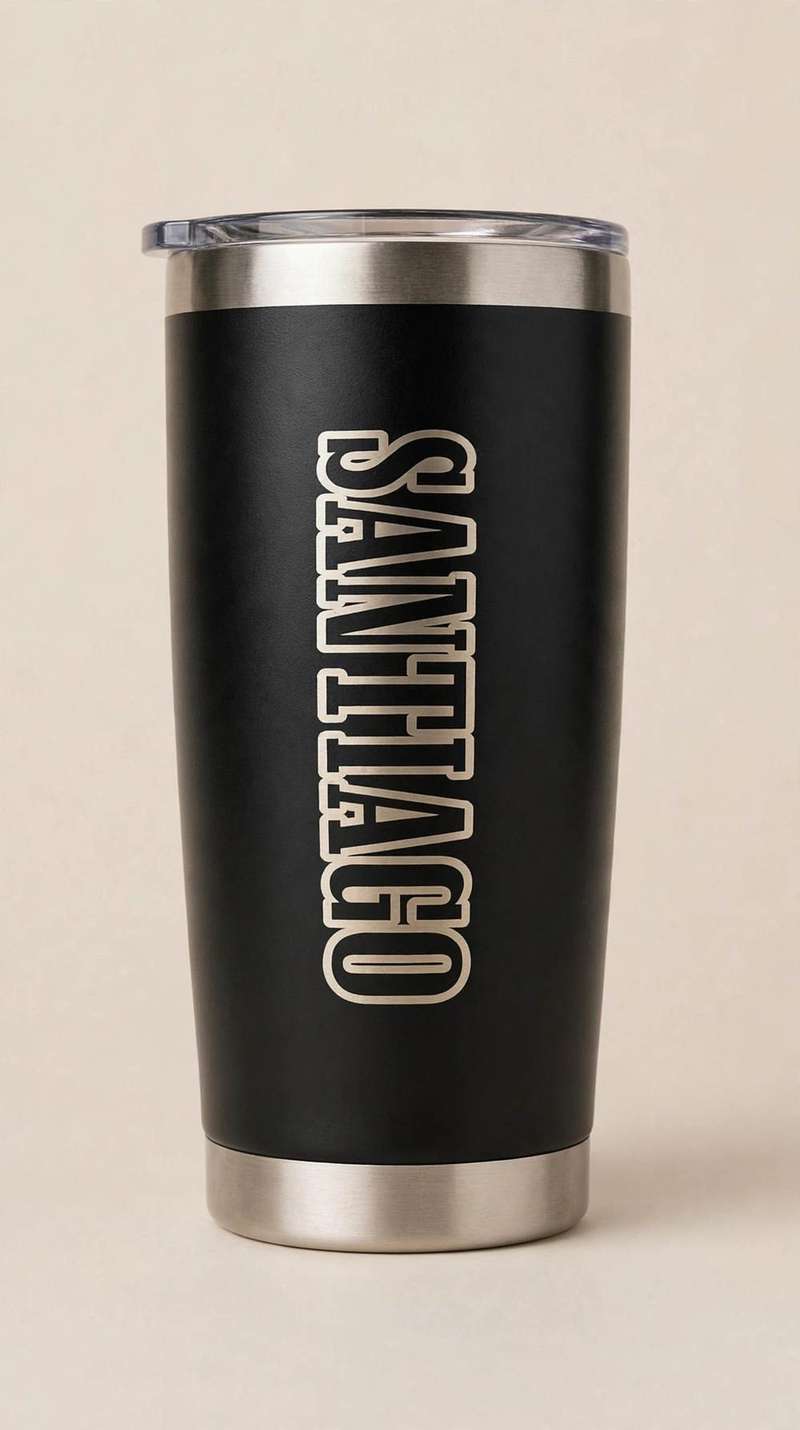 Black tumbler laser-etched with the name Santiago