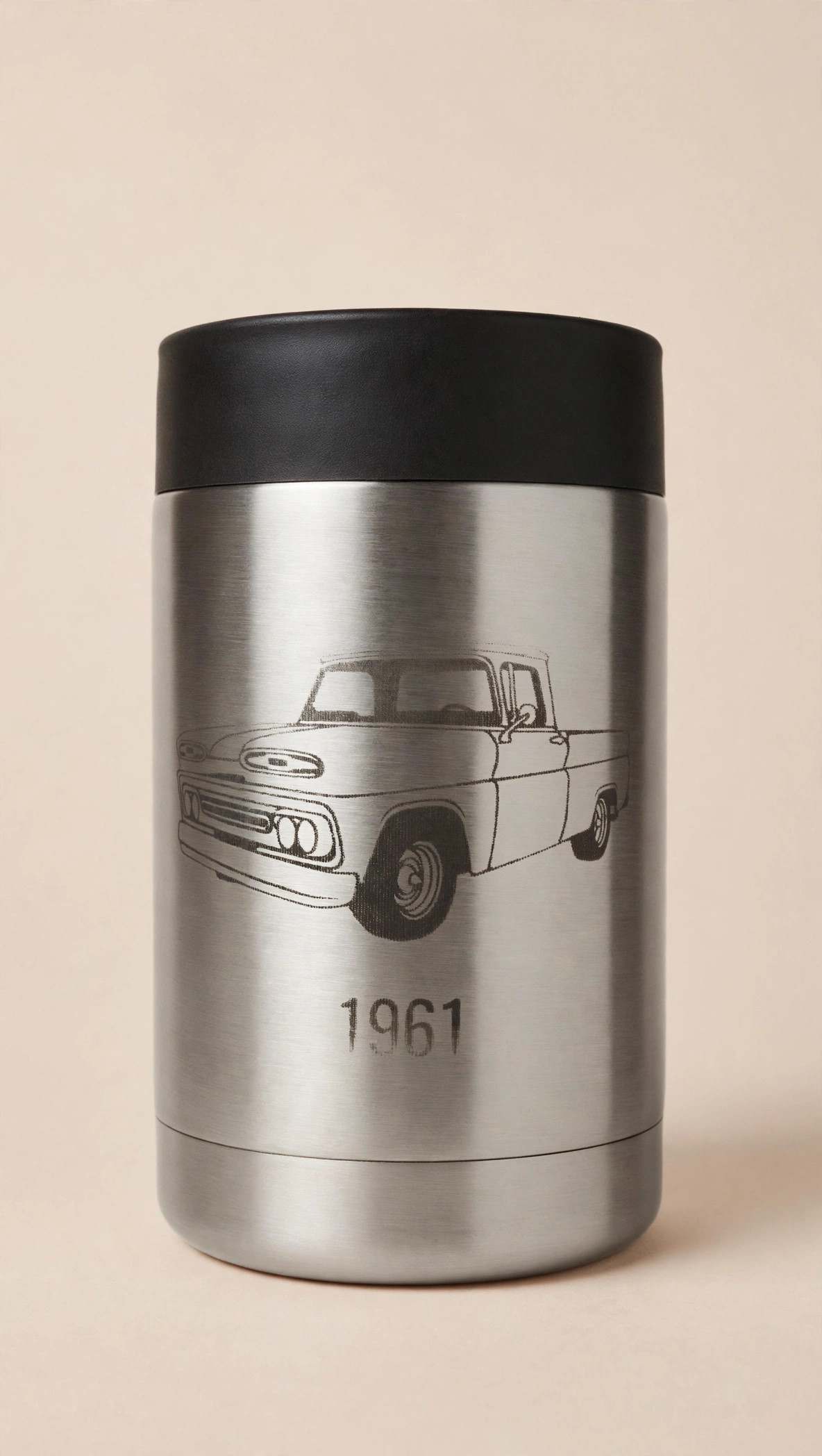 Stainless steel can cooler laser-etched with a vintage 1961 pickup truck